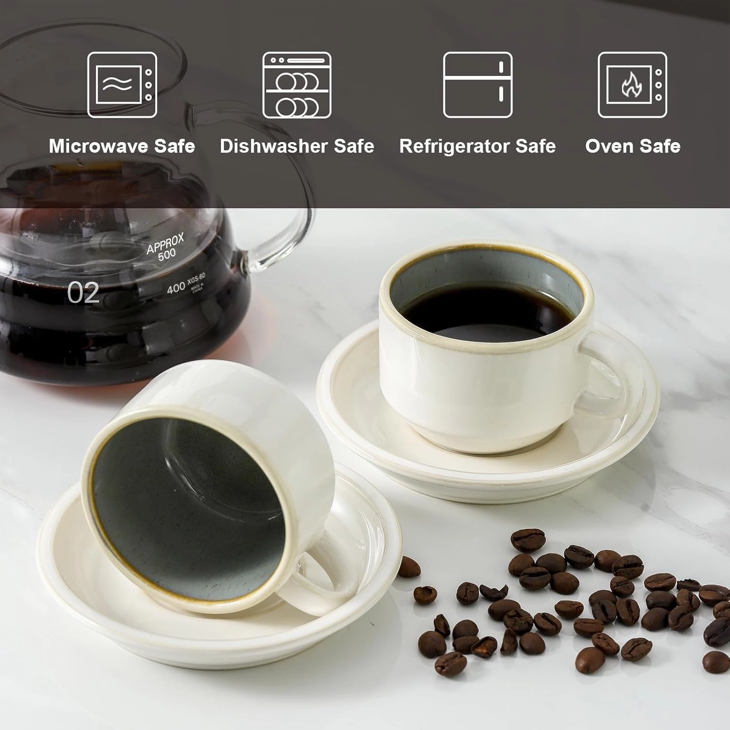 JIEMEI HOME Porcelain Stackable Espresso Cups with Saucers and Metal Stand, 4 Ounce Demitasse Cups for Specialty Coffee Drinks, Cafe Mocha Tea-Set of 4, Stackable Espresso Mugs, White & Green