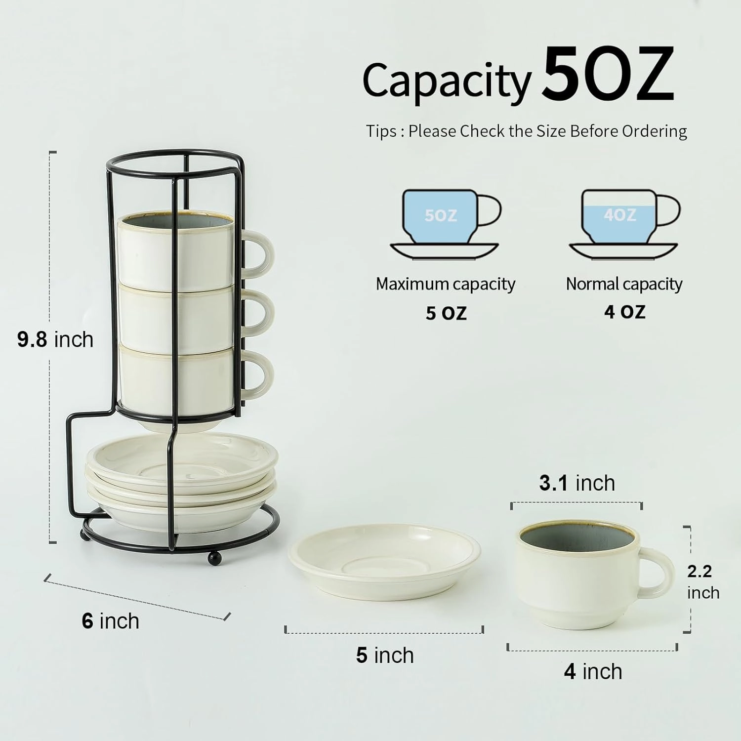 JIEMEI HOME Porcelain Stackable Espresso Cups with Saucers and Metal Stand, 4 Ounce Demitasse Cups for Specialty Coffee Drinks, Cafe Mocha Tea-Set of 4, Stackable Espresso Mugs, White & Green