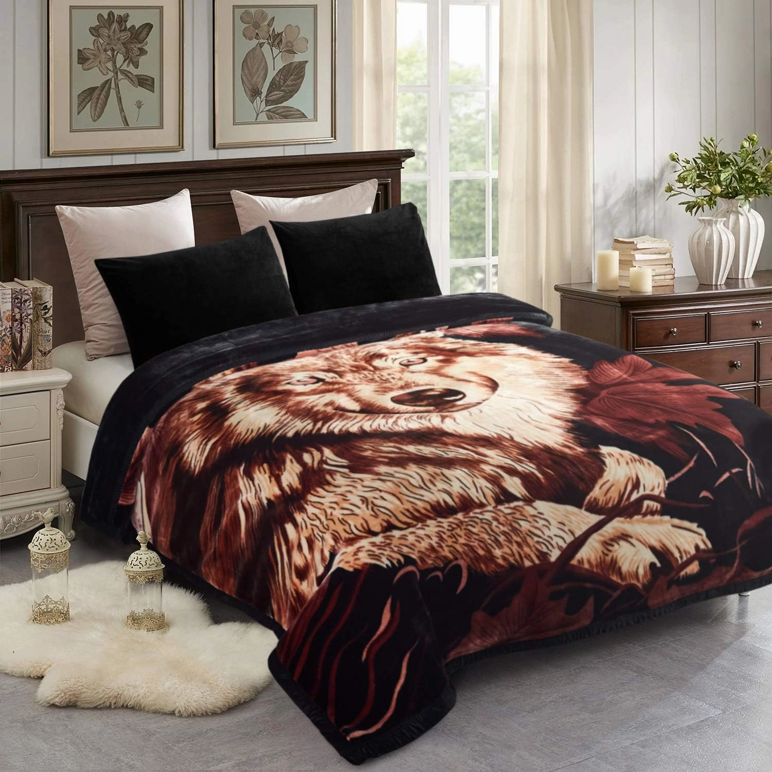 JML Korean Mink Blanket King Size (85" x 95", 10 lbs) -2 Ply 2 Sides Printed Soft Thick Reversible Plush Heavy Fleece Blanket for Bed, Wolfs
