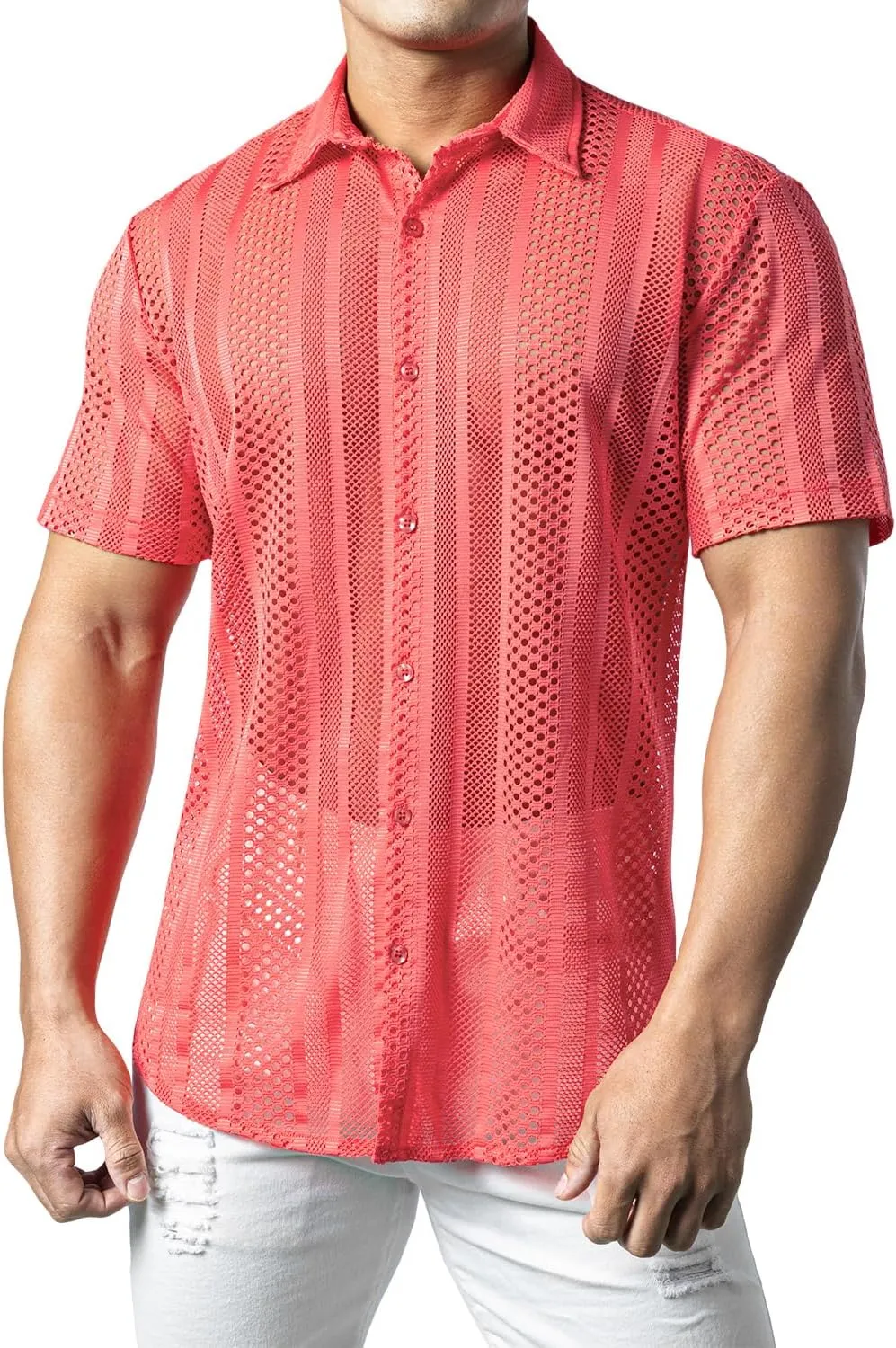 JOGAL Mens Floral Lace Shirt See Through Casual Button Down Shirts