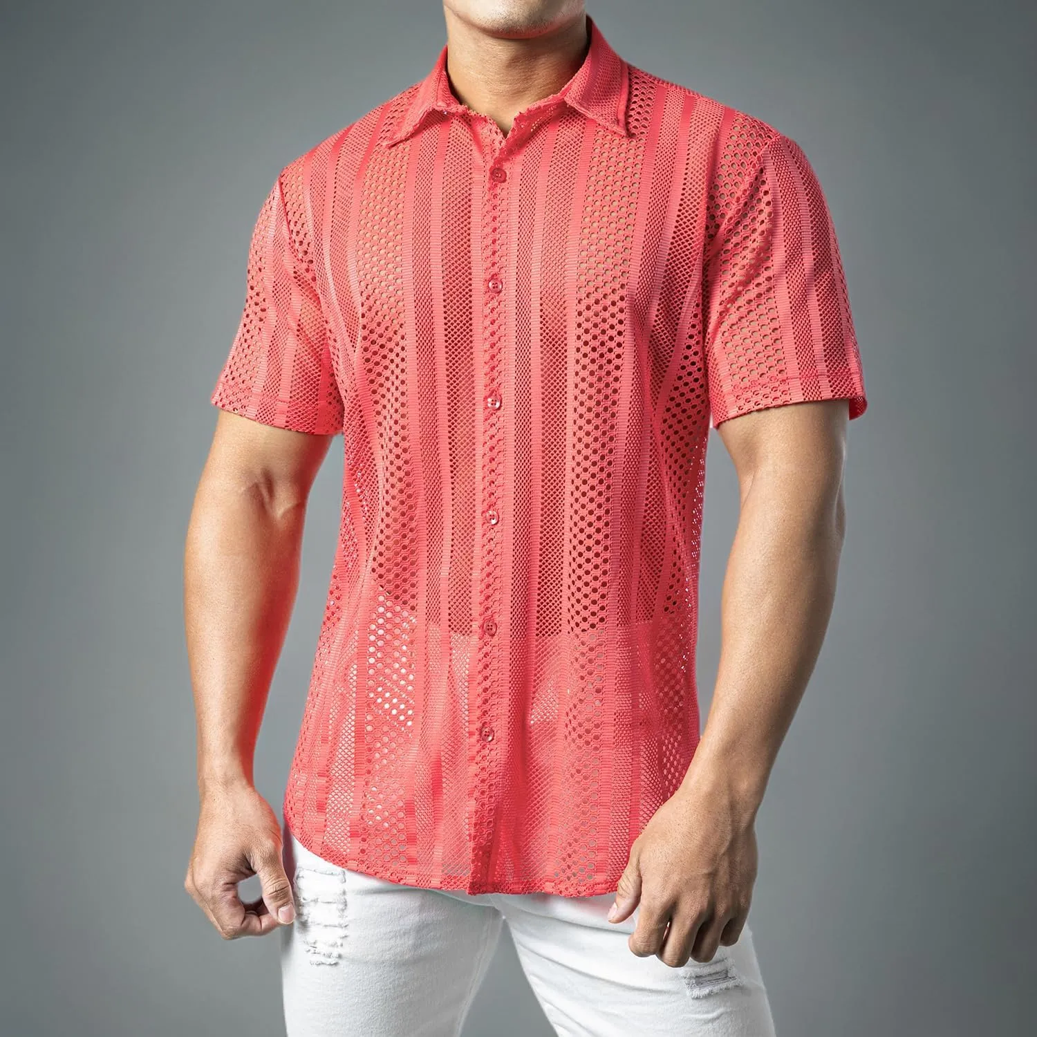 JOGAL Mens Floral Lace Shirt See Through Casual Button Down Shirts