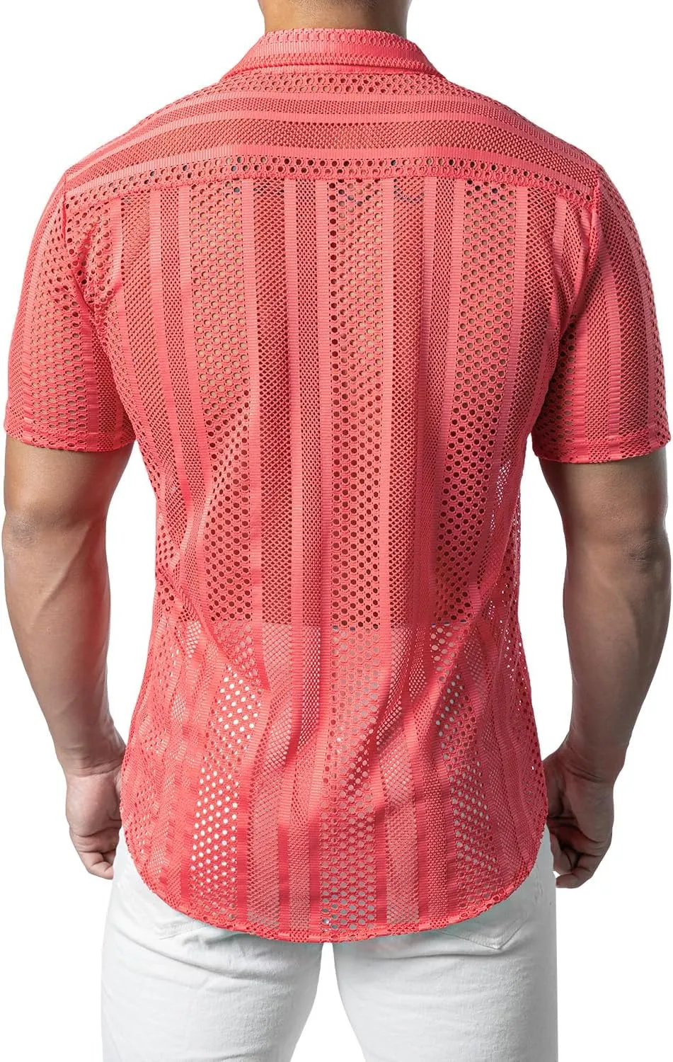 JOGAL Mens Floral Lace Shirt See Through Casual Button Down Shirts