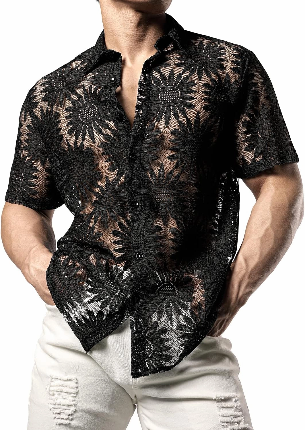 JOGAL Mens Floral Lace Shirt See Through Casual Button Down Shirts