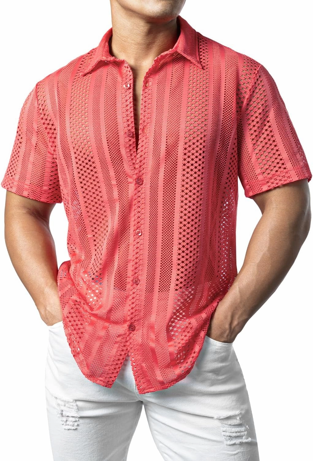 JOGAL Mens Floral Lace Shirt See Through Casual Button Down Shirts