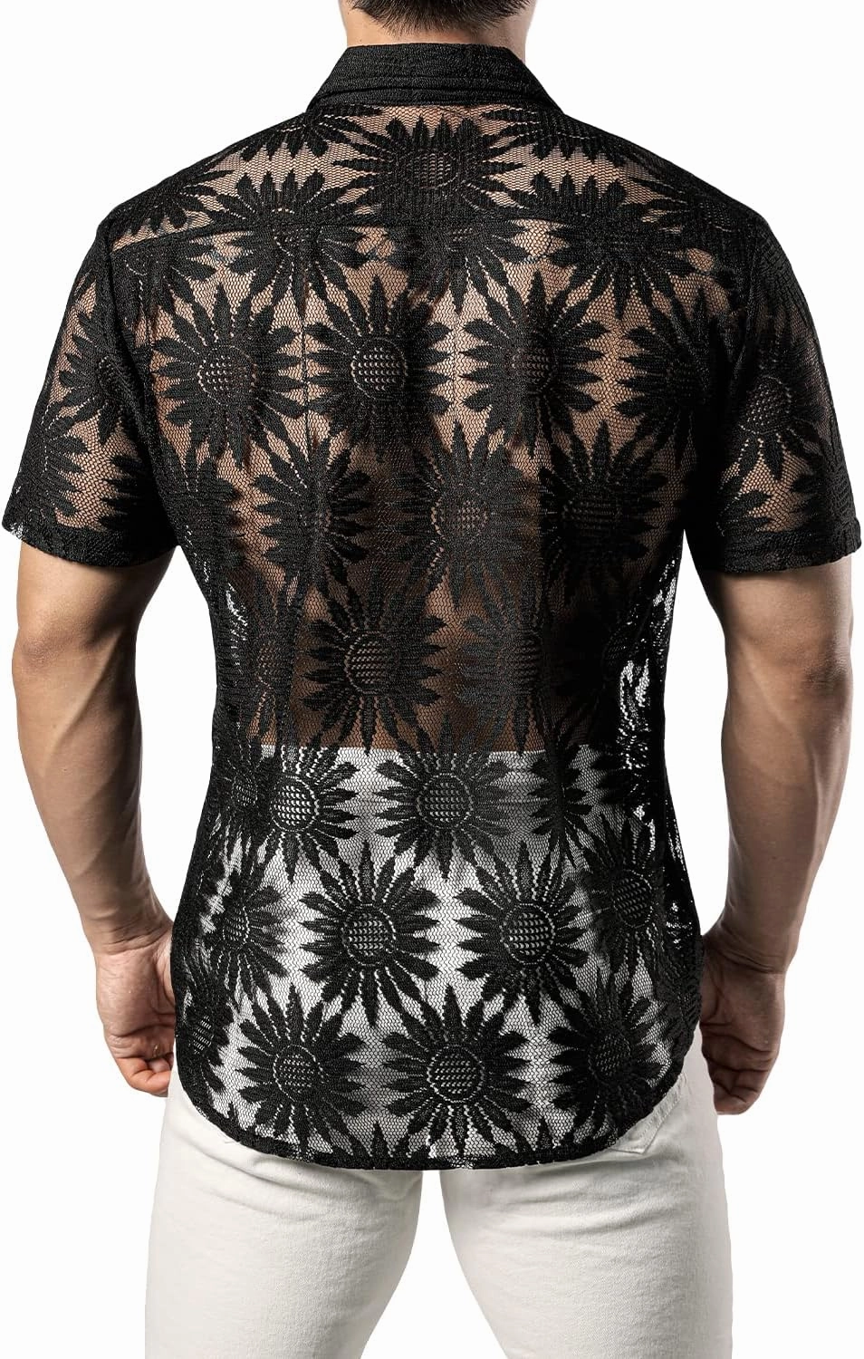 JOGAL Mens Floral Lace Shirt See Through Casual Button Down Shirts
