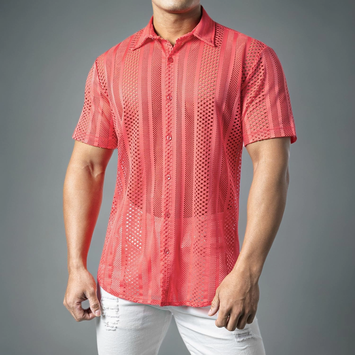 JOGAL Mens Floral Lace Shirt See Through Casual Button Down Shirts