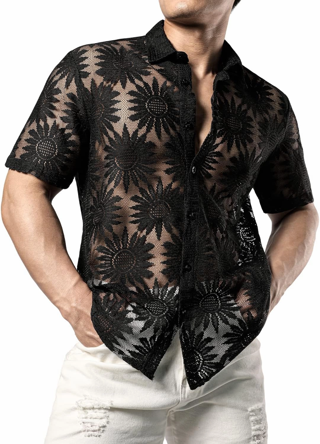 JOGAL Mens Floral Lace Shirt See Through Casual Button Down Shirts