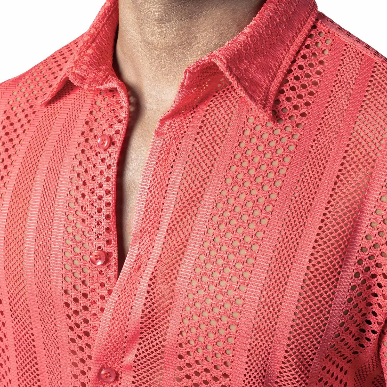 JOGAL Mens Floral Lace Shirt See Through Casual Button Down Shirts