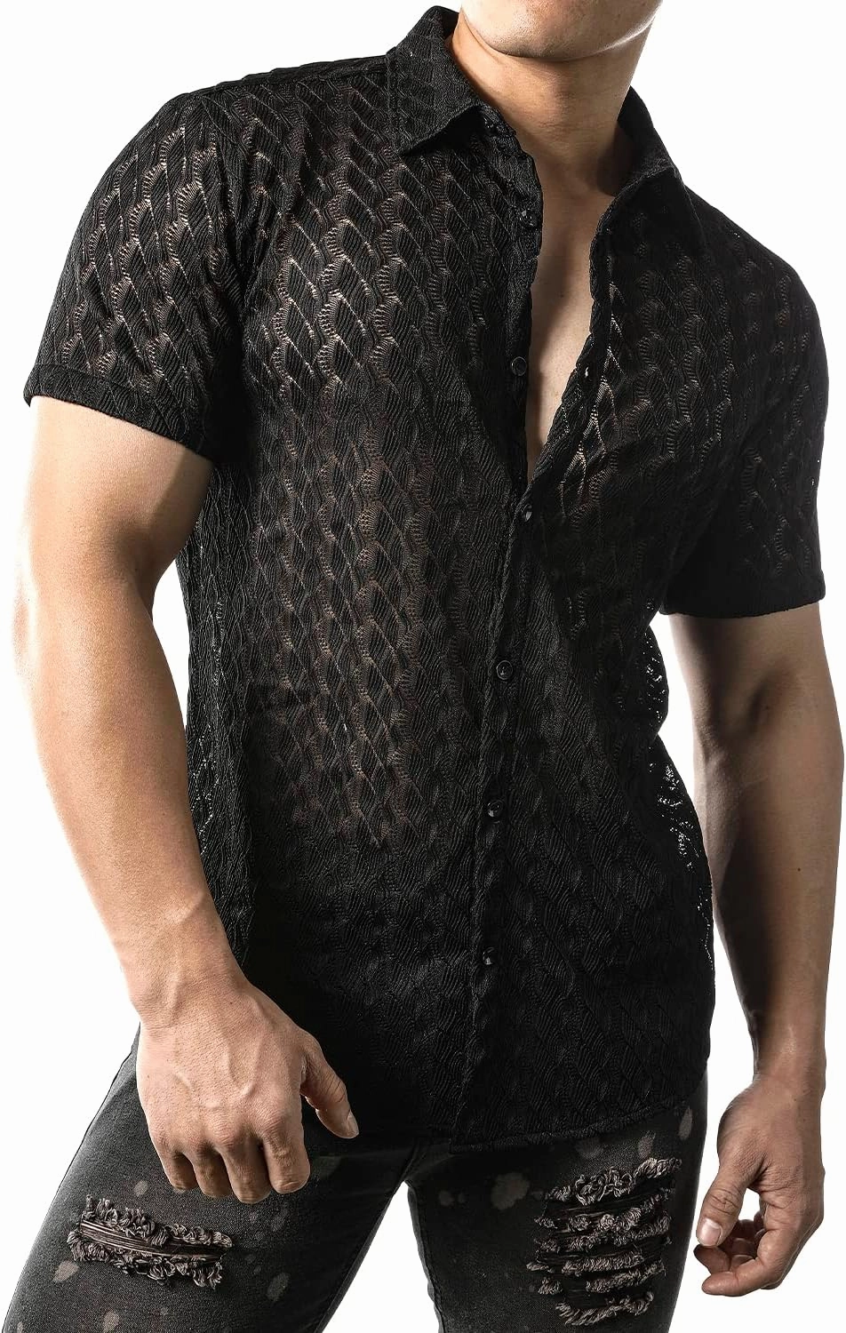 JOGAL Mens Floral Lace Shirt See Through Casual Button Down Shirts