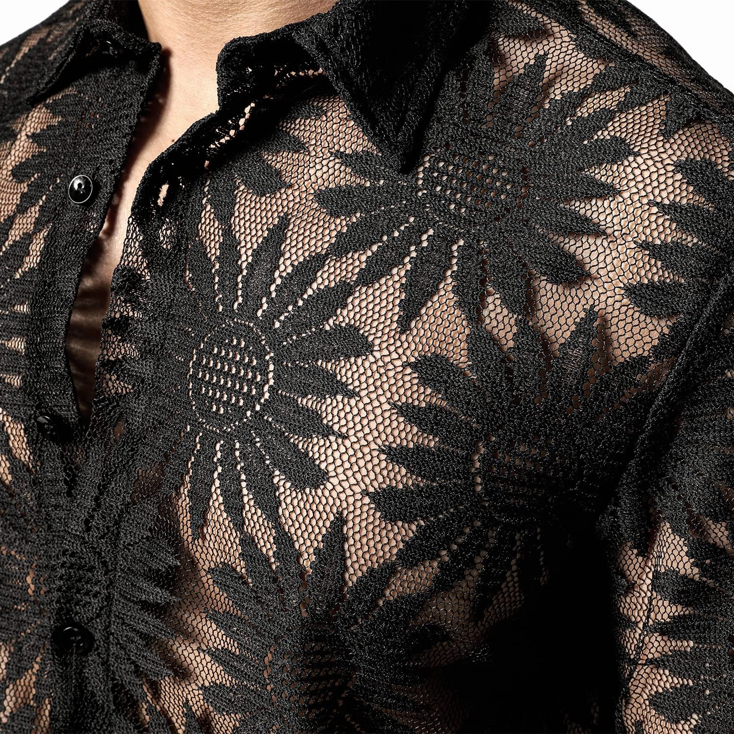 JOGAL Mens Floral Lace Shirt See Through Casual Button Down Shirts