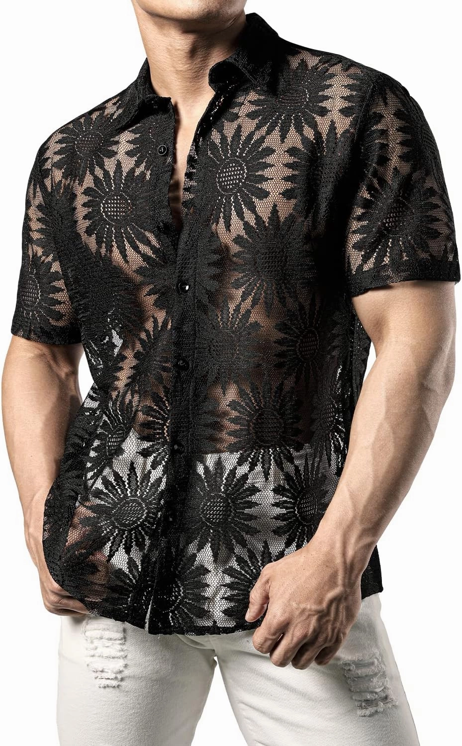 JOGAL Mens Floral Lace Shirt See Through Casual Button Down Shirts