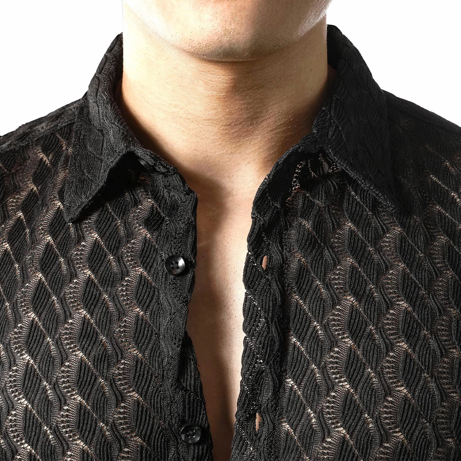 JOGAL Mens Floral Lace Shirt See Through Casual Button Down Shirts