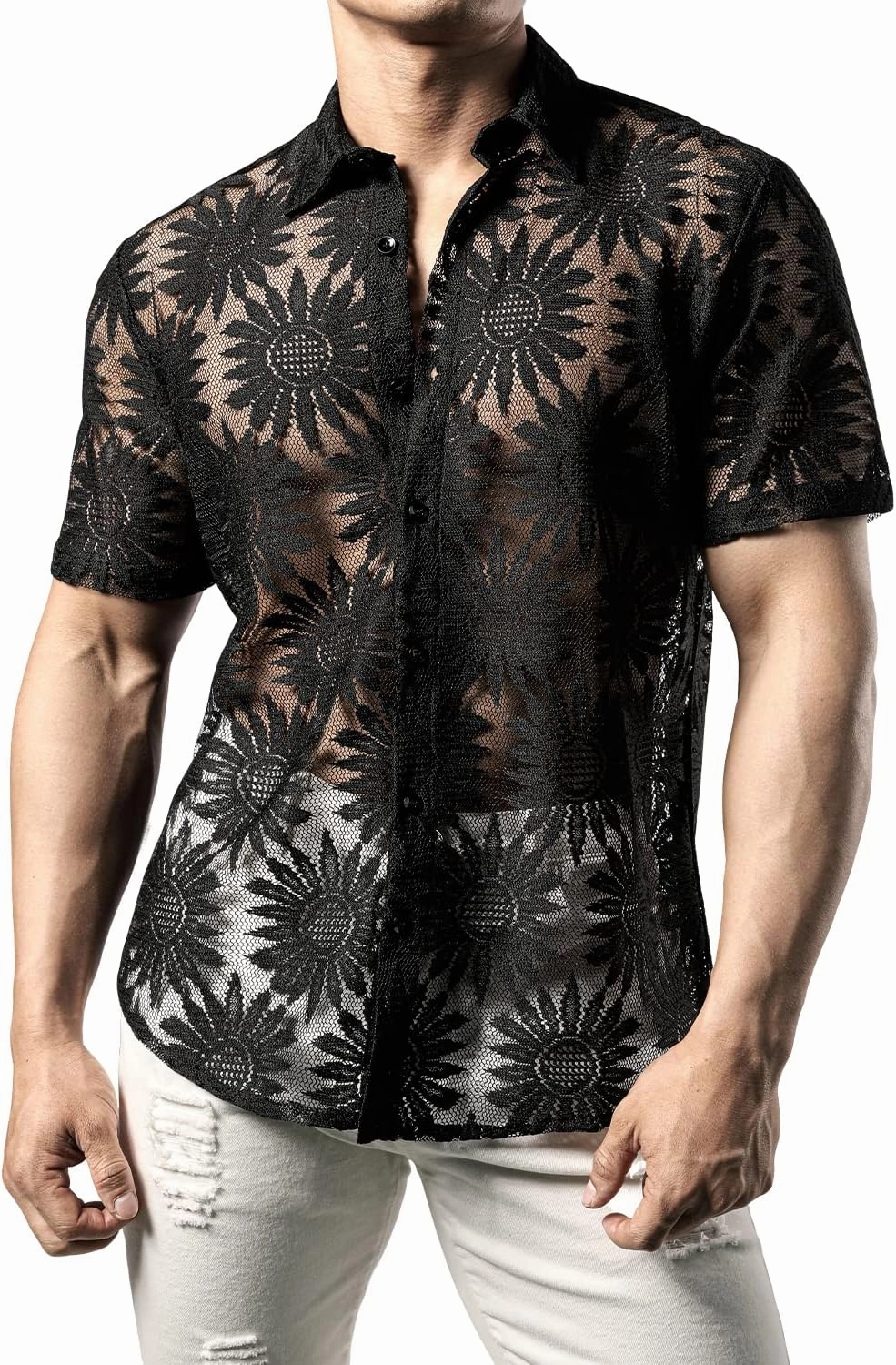 JOGAL Mens Floral Lace Shirt See Through Casual Button Down Shirts