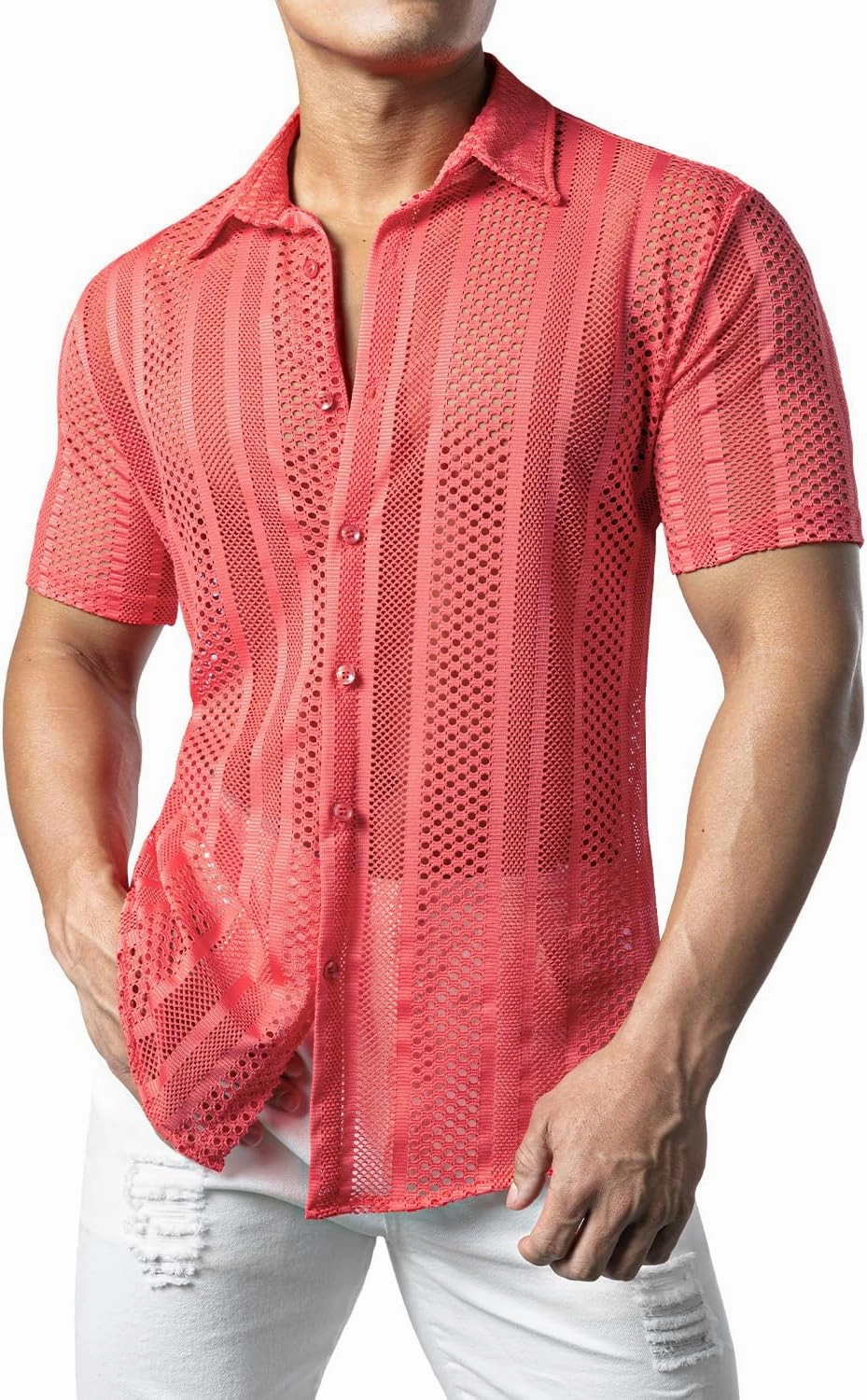 JOGAL Mens Floral Lace Shirt See Through Casual Button Down Shirts