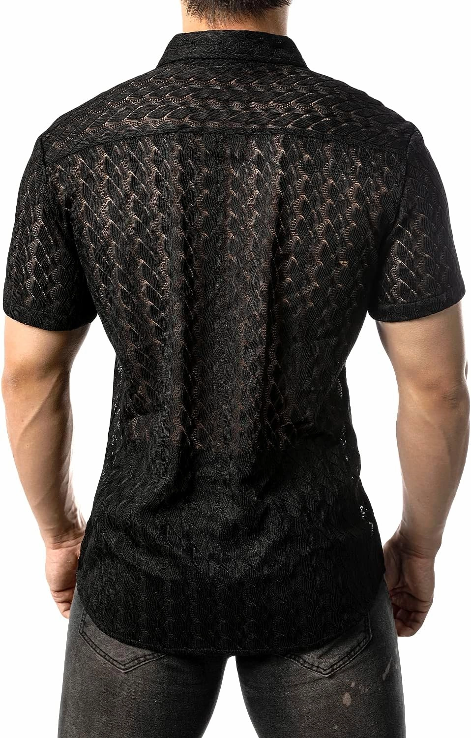 JOGAL Mens Floral Lace Shirt See Through Casual Button Down Shirts