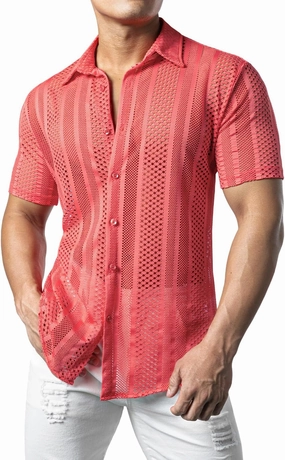 JOGAL Mens Floral Lace Shirt See Through Casual Button Down Shirts