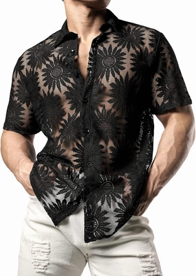 JOGAL Mens Floral Lace Shirt See Through Casual Button Down Shirts