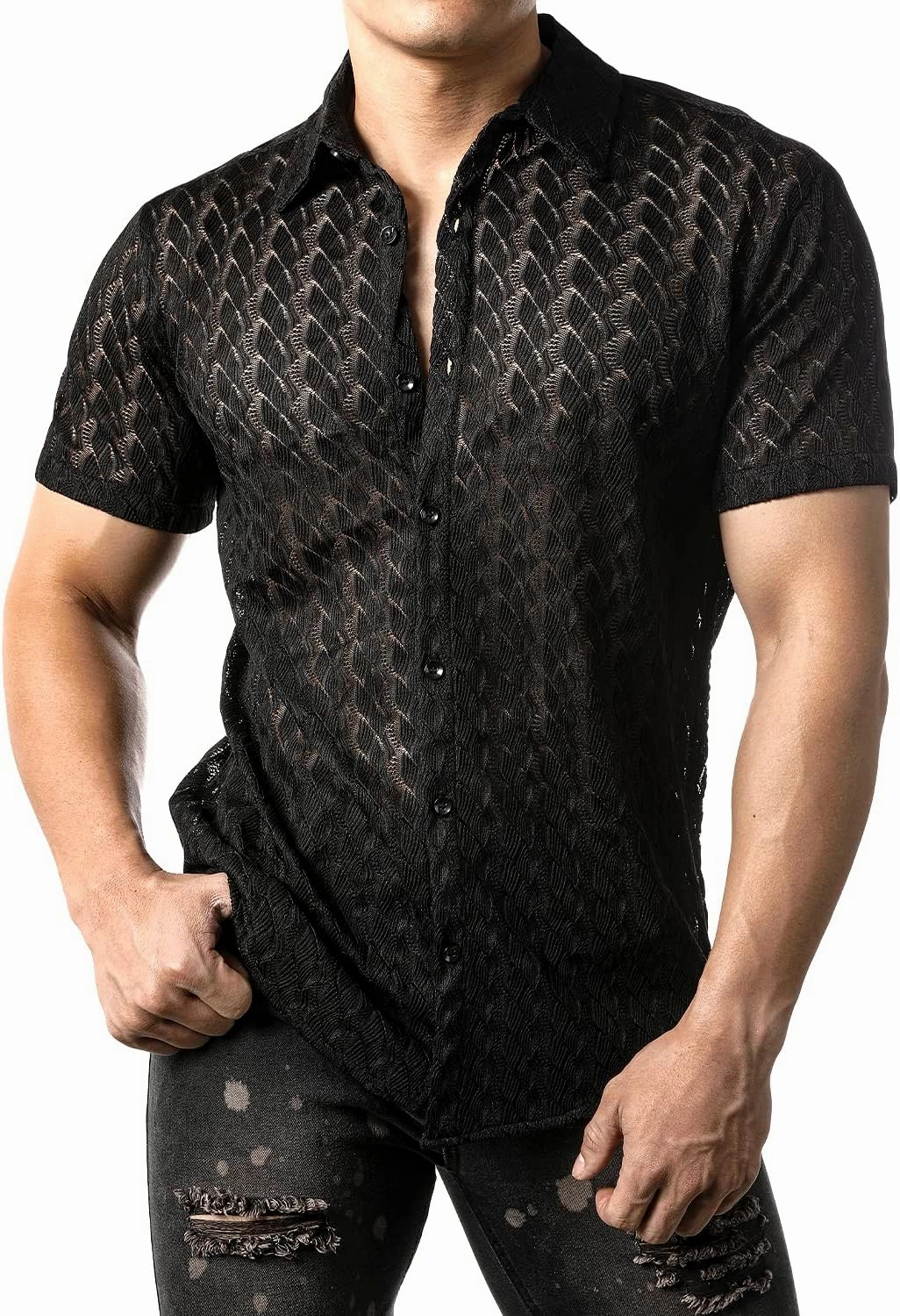 JOGAL Mens Floral Lace Shirt See Through Casual Button Down Shirts