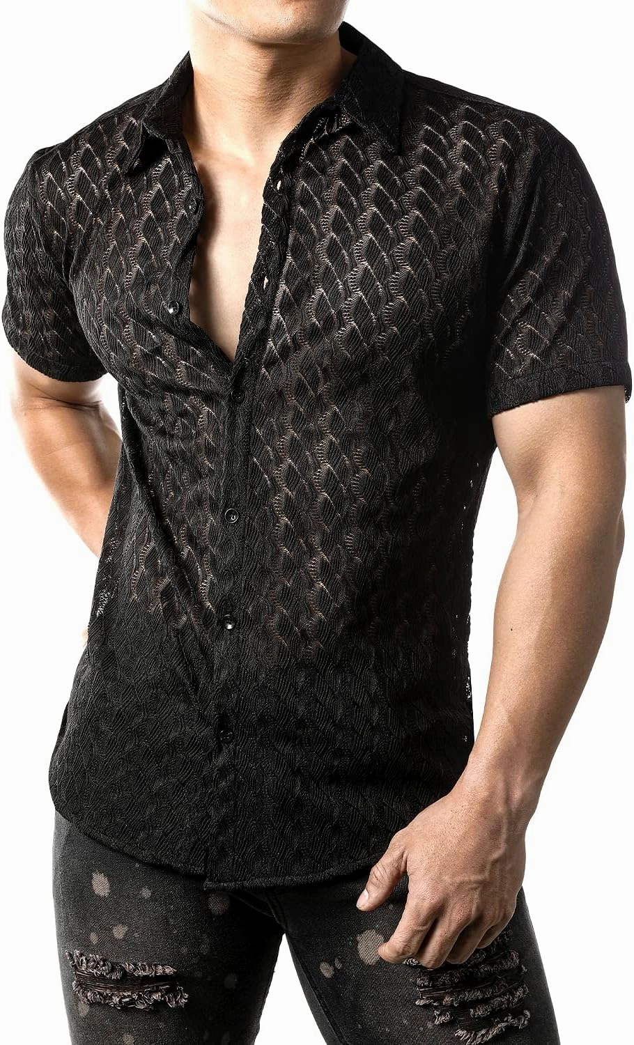 JOGAL Mens Floral Lace Shirt See Through Casual Button Down Shirts