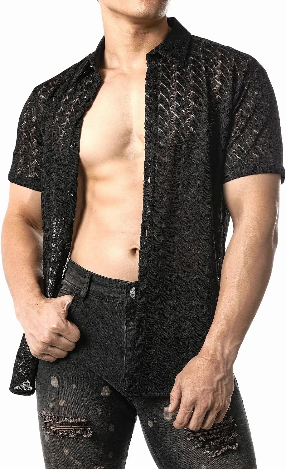 JOGAL Mens Floral Lace Shirt See Through Casual Button Down Shirts