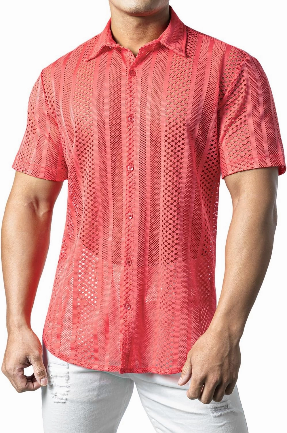 JOGAL Mens Floral Lace Shirt See Through Casual Button Down Shirts