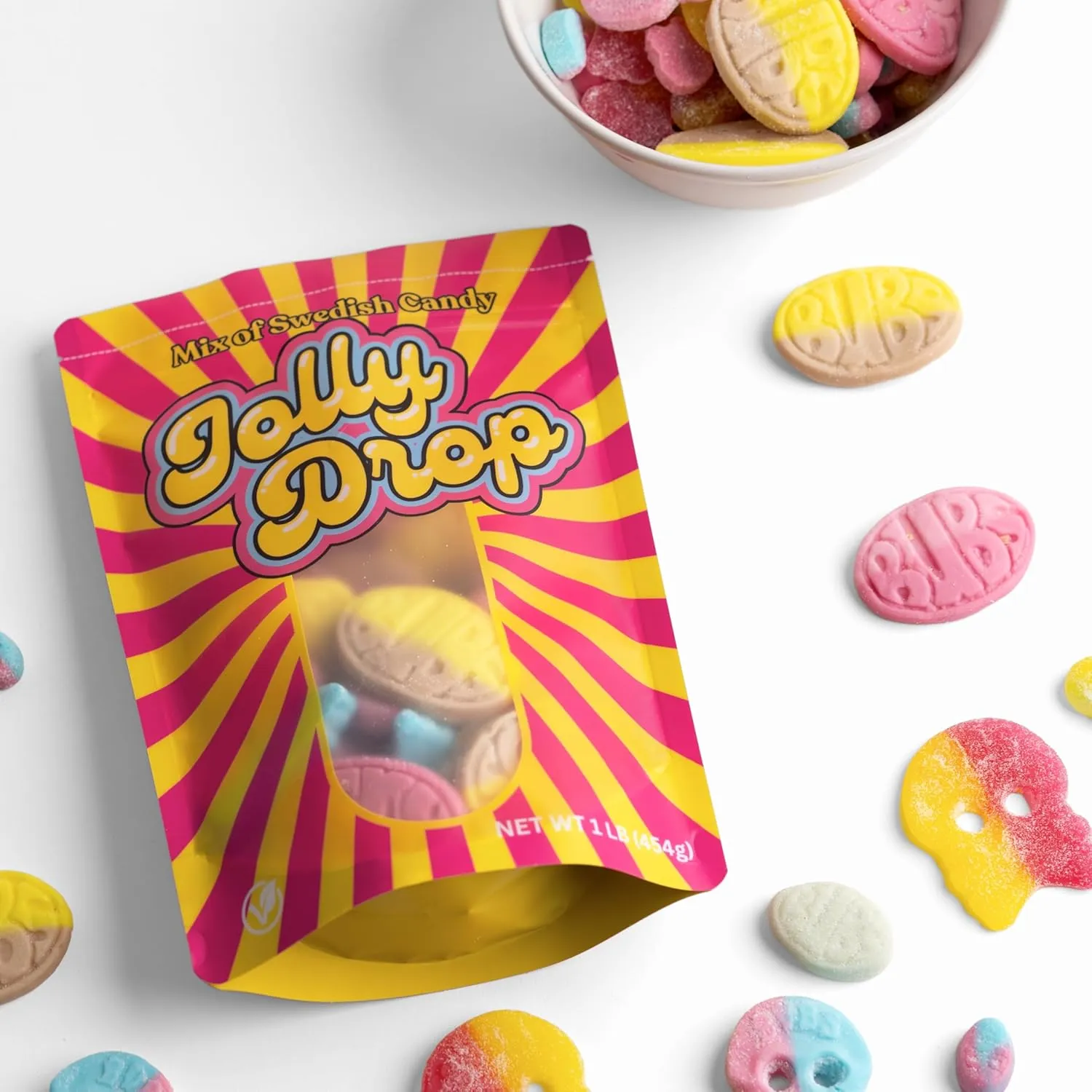 JollyDrop Swedish Candy Mix – Authentic BUBS Sweet & Sour Gummies – Soft & Chewy Nordic Treats – Skulls, Ovals & More – 1 lb Bag of Swedish Godis
