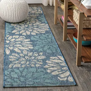 JONATHAN Y SMB110C-210 Zinnia Modern Floral Textured Weave Indoor Outdoor Runner Rug Bohemian Coastal Easy-Cleaning Bedroom Kitchen Backyard Patio Non Shedding, 2 X 10, Navy/Aqua