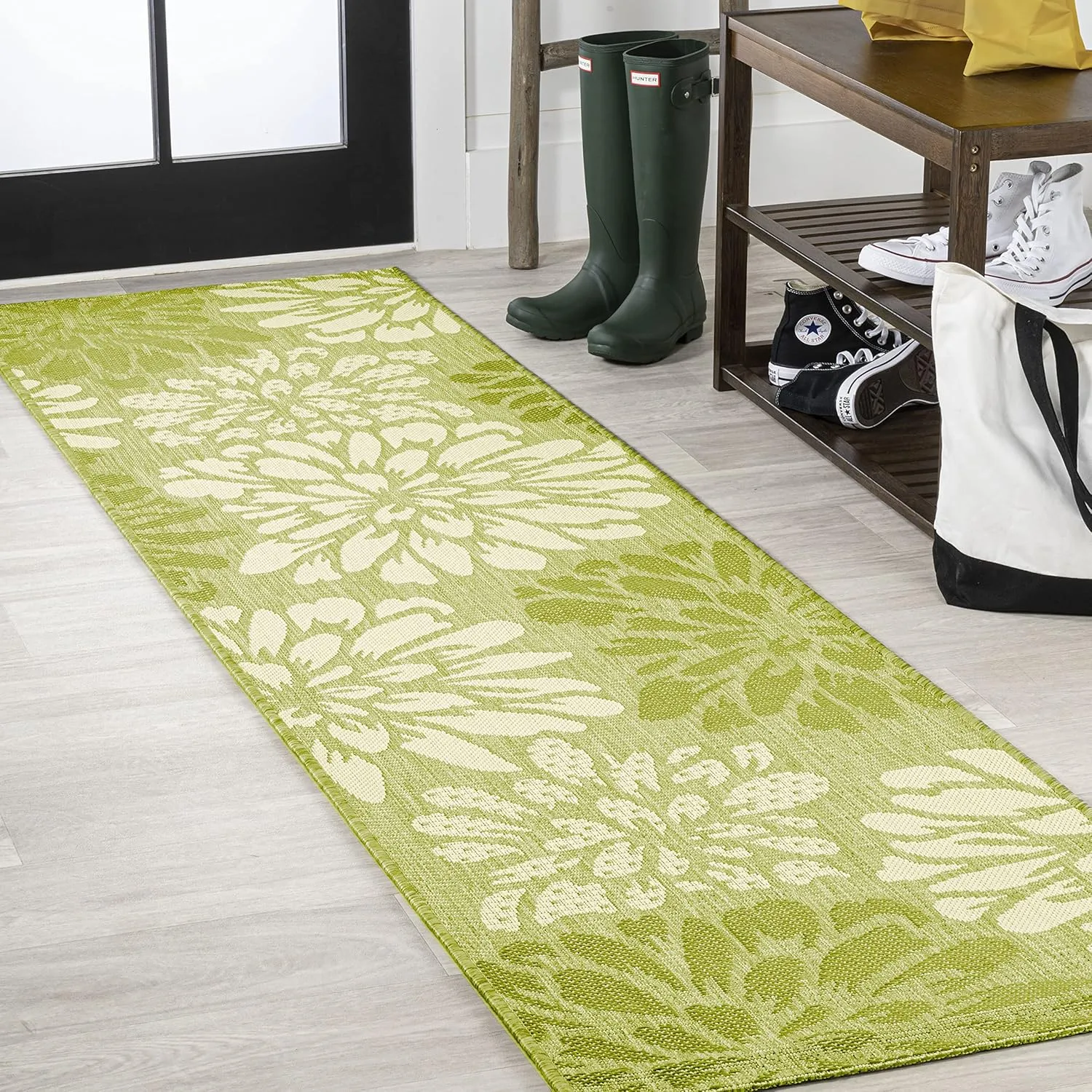 JONATHAN Y SMB110H-210 Zinnia Modern Floral Textured Weave Indoor Outdoor Runner Rug, Country Coastal Transitional Easy-Cleaning,Bedroom,Kitchen,Backyard,Patio,Non Shedding, 2 X 10, Green/Cream