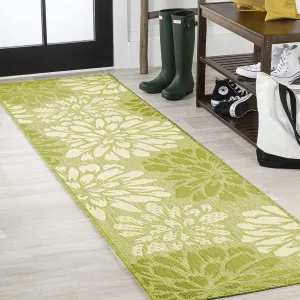 JONATHAN Y SMB110H-210 Zinnia Modern Floral Textured Weave Indoor Outdoor Runner Rug, Country Coastal Transitional Easy-Cleaning,Bedroom,Kitchen,Backyard,Patio,Non Shedding, 2 X 10, Green/Cream