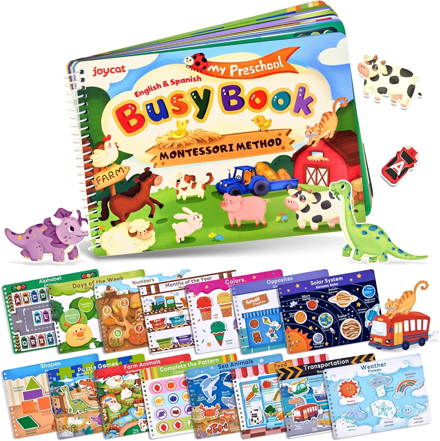 JoyCat Preschool Busy Book for Toddlers 3-5, Dual-Language Learning Activities, Educational Sensory Toys, Autism Learning Materials for Boys & Girls, English and Spanish Version