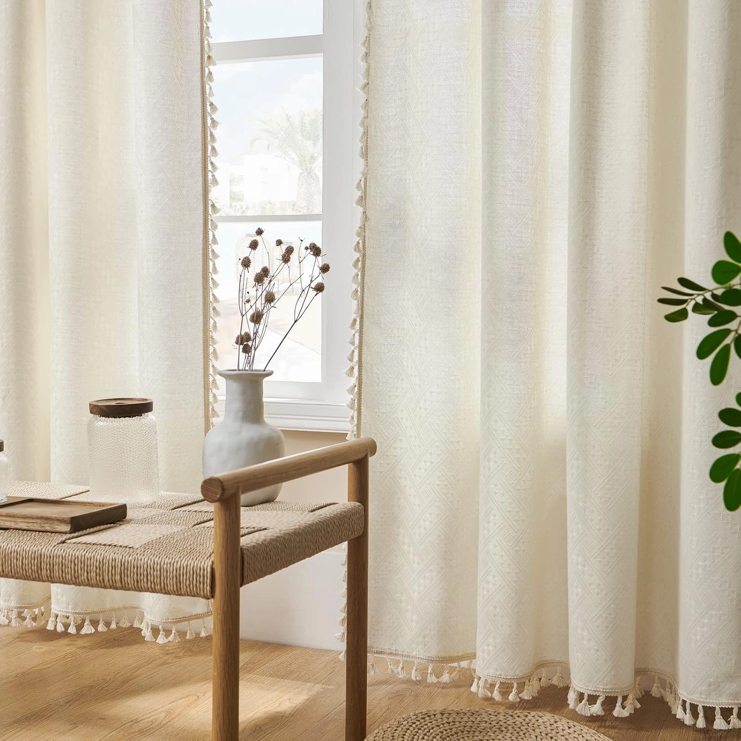 Joydeco Beige Boho Curtains 84 Inch Length 2 Panels, Super Soft Bohemian Farmhouse Curtains with Tassels, Semi Sheer Light Filtering Drapes for Bedroom Living Room (Rod Pocket, 52Wx84L)