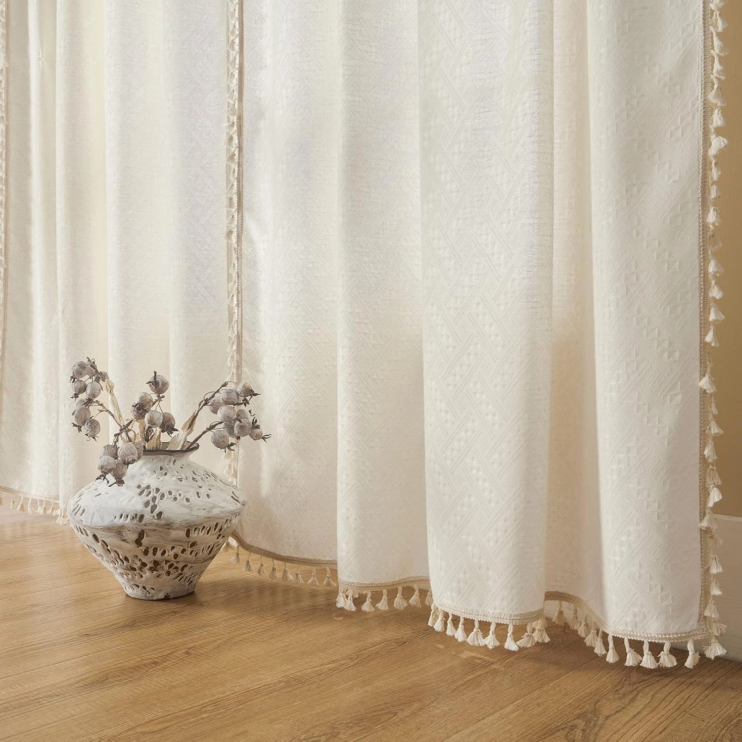Joydeco Beige Boho Curtains 84 Inch Length 2 Panels, Super Soft Bohemian Farmhouse Curtains with Tassels, Semi Sheer Light Filtering Drapes for Bedroom Living Room (Rod Pocket, 52Wx84L)