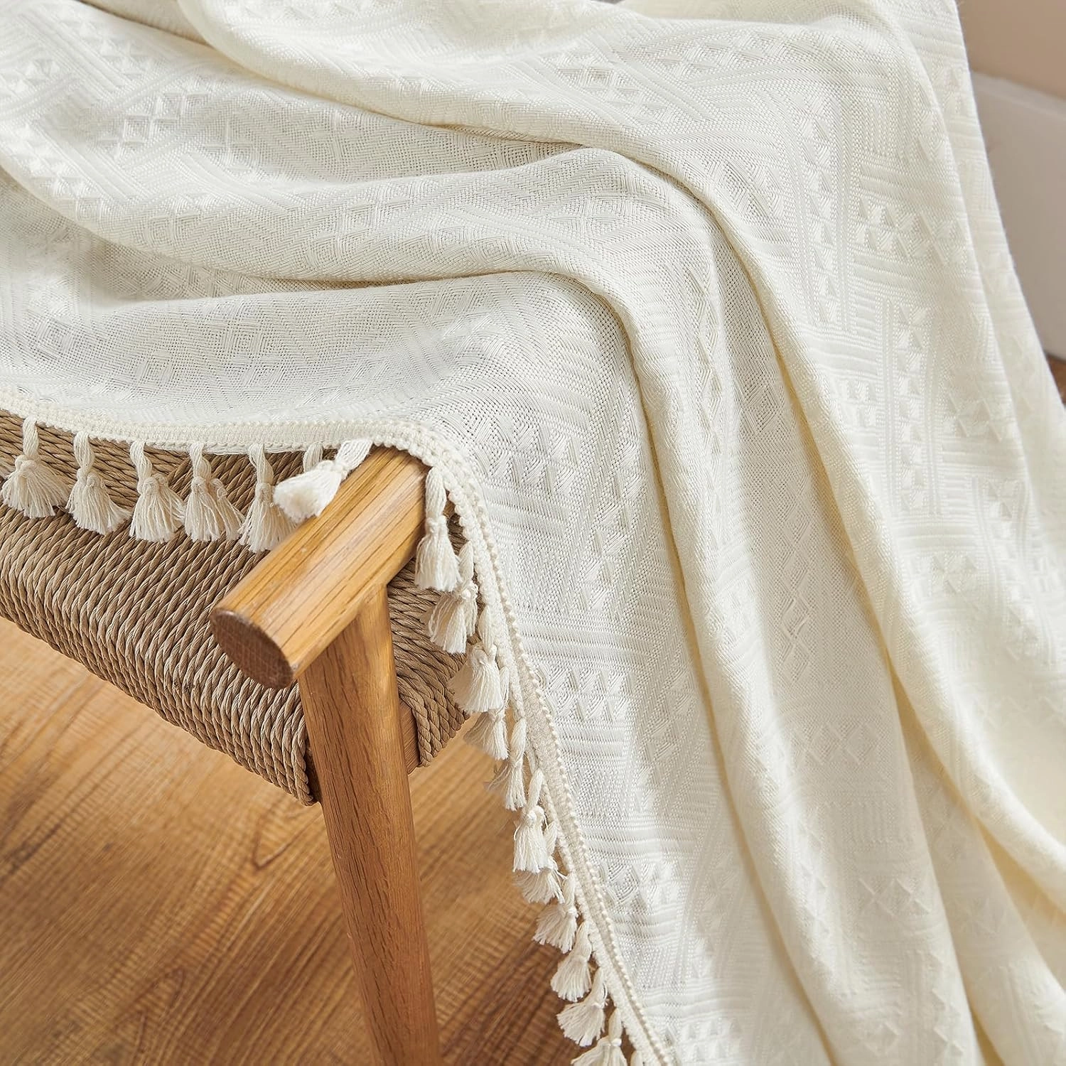 Joydeco Beige Boho Curtains 84 Inch Length 2 Panels, Super Soft Bohemian Farmhouse Curtains with Tassels, Semi Sheer Light Filtering Drapes for Bedroom Living Room (Rod Pocket, 52Wx84L)