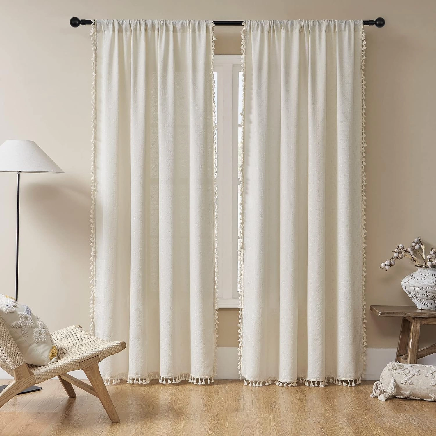 Joydeco Beige Boho Curtains 84 Inch Length 2 Panels, Super Soft Bohemian Farmhouse Curtains with Tassels, Semi Sheer Light Filtering Drapes for Bedroom Living Room (Rod Pocket, 52Wx84L)