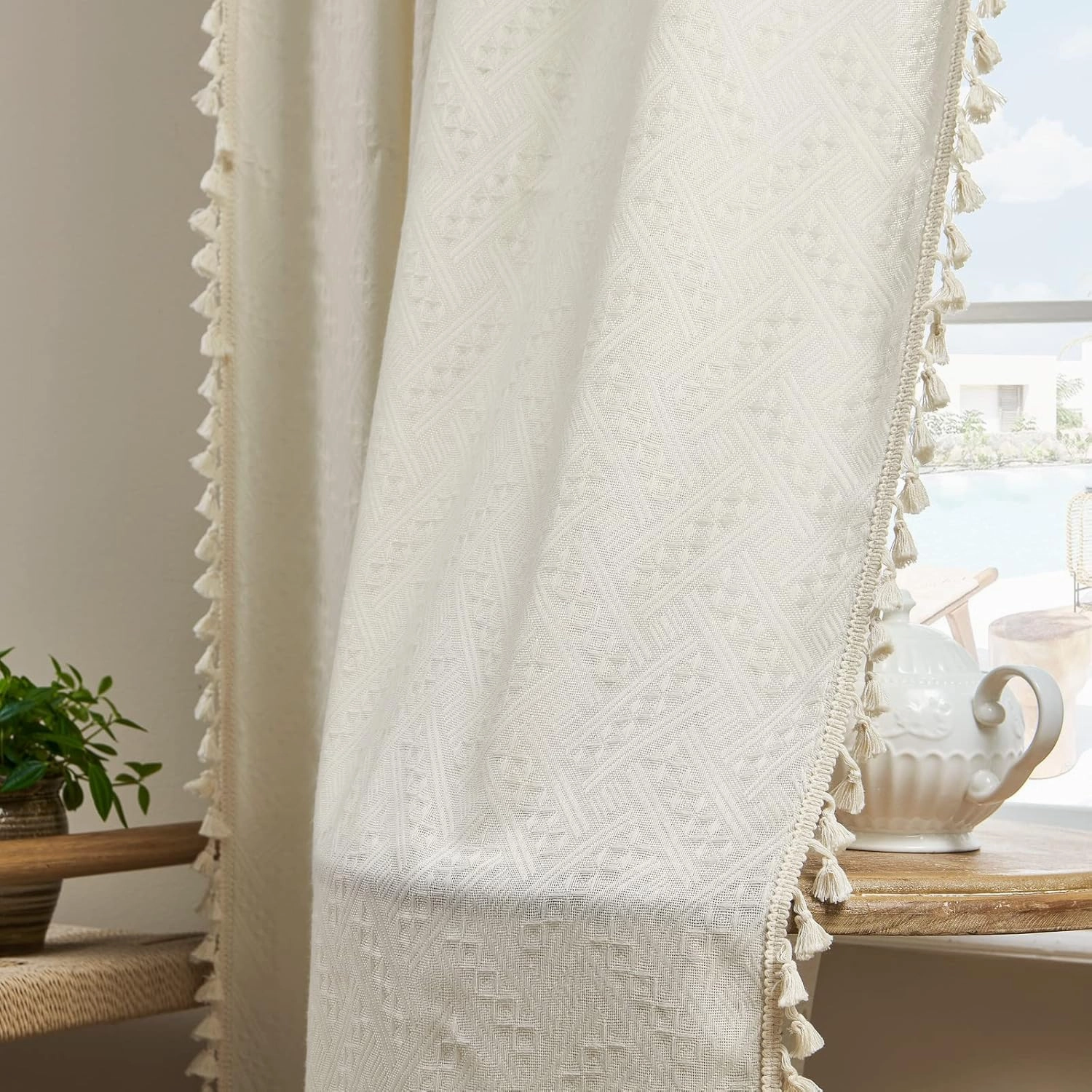 Joydeco Beige Boho Curtains 84 Inch Length 2 Panels, Super Soft Bohemian Farmhouse Curtains with Tassels, Semi Sheer Light Filtering Drapes for Bedroom Living Room (Rod Pocket, 52Wx84L)