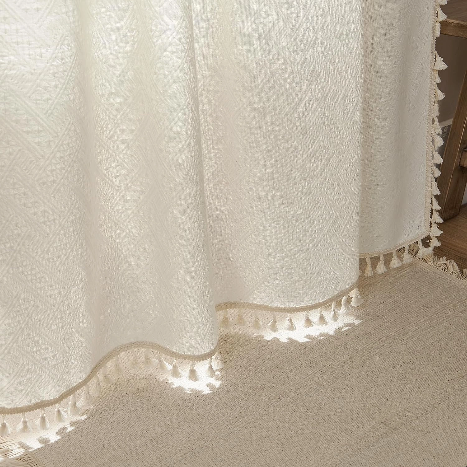 Joydeco Beige Boho Curtains 84 Inch Length 2 Panels, Super Soft Bohemian Farmhouse Curtains with Tassels, Semi Sheer Light Filtering Drapes for Bedroom Living Room (Rod Pocket, 52Wx84L)