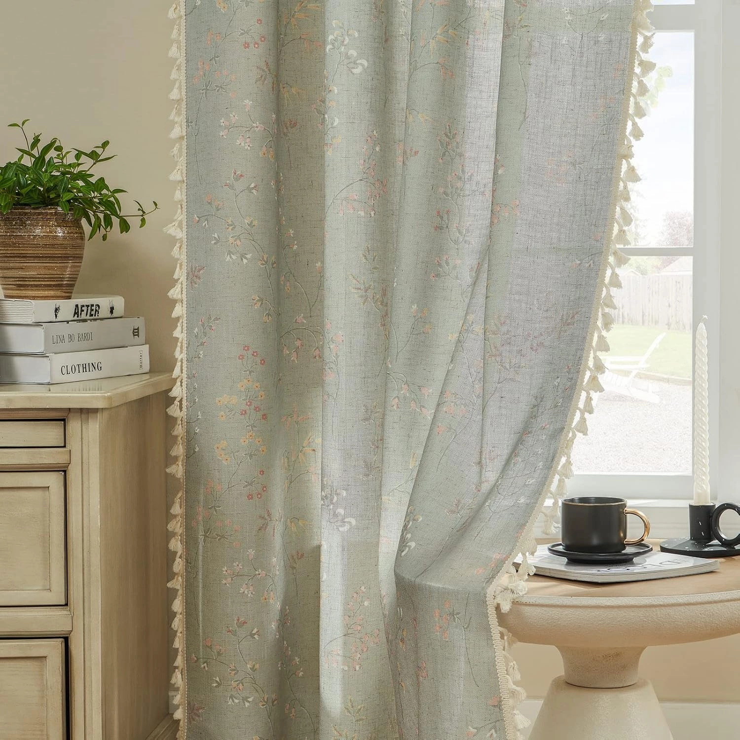 Joydeco Blue Floral Boho Curtains 84 Inch Length 2 Panels, Super Soft Bohemian Farmhouse Curtains with Tassels, Semi Sheer Light Filtering Drapes for Bedroom Living Room (Rod Pocket, 52Wx84L)