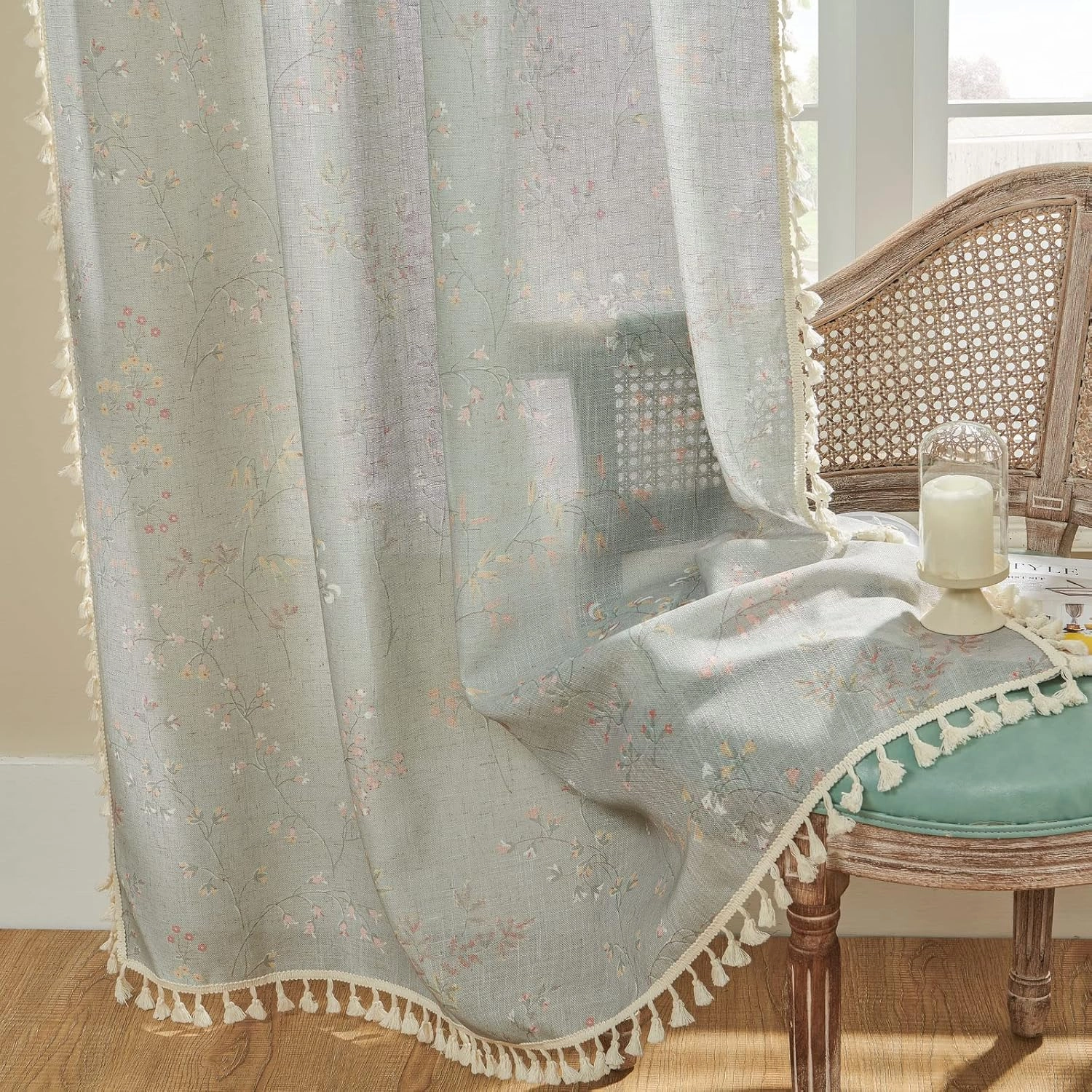 Joydeco Blue Floral Boho Curtains 84 Inch Length 2 Panels, Super Soft Bohemian Farmhouse Curtains with Tassels, Semi Sheer Light Filtering Drapes for Bedroom Living Room (Rod Pocket, 52Wx84L)