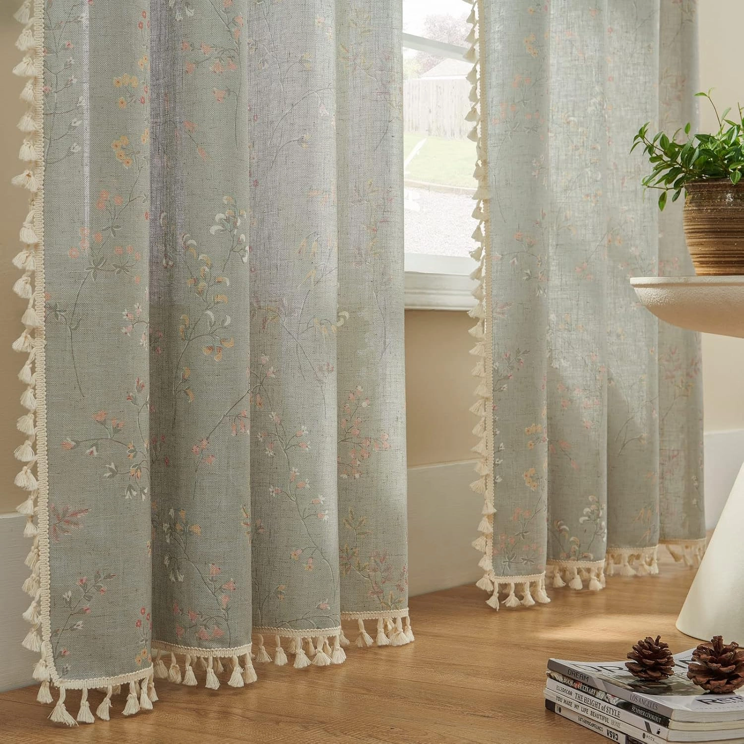 Joydeco Blue Floral Boho Curtains 84 Inch Length 2 Panels, Super Soft Bohemian Farmhouse Curtains with Tassels, Semi Sheer Light Filtering Drapes for Bedroom Living Room (Rod Pocket, 52Wx84L)