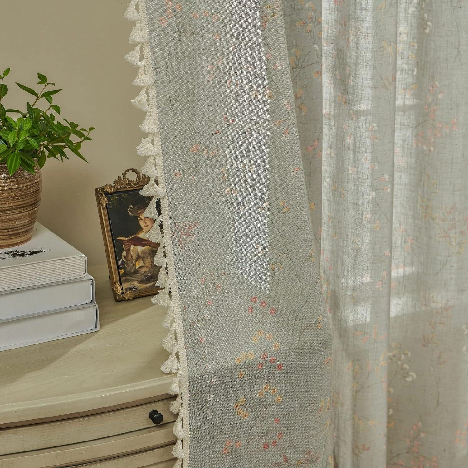 Joydeco Blue Floral Boho Curtains 84 Inch Length 2 Panels, Super Soft Bohemian Farmhouse Curtains with Tassels, Semi Sheer Light Filtering Drapes for Bedroom Living Room (Rod Pocket, 52Wx84L)