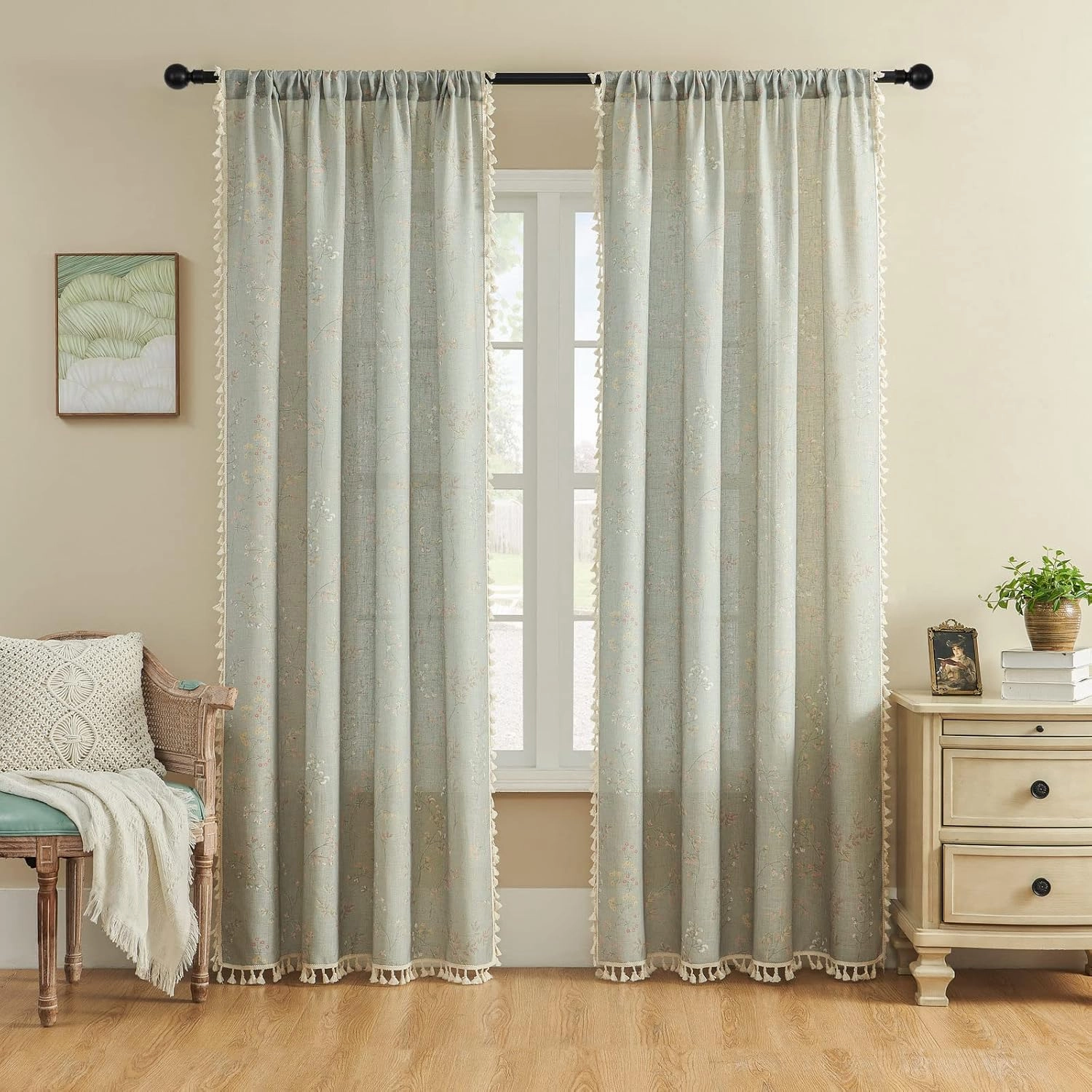 Joydeco Blue Floral Boho Curtains 84 Inch Length 2 Panels, Super Soft Bohemian Farmhouse Curtains with Tassels, Semi Sheer Light Filtering Drapes for Bedroom Living Room (Rod Pocket, 52Wx84L)