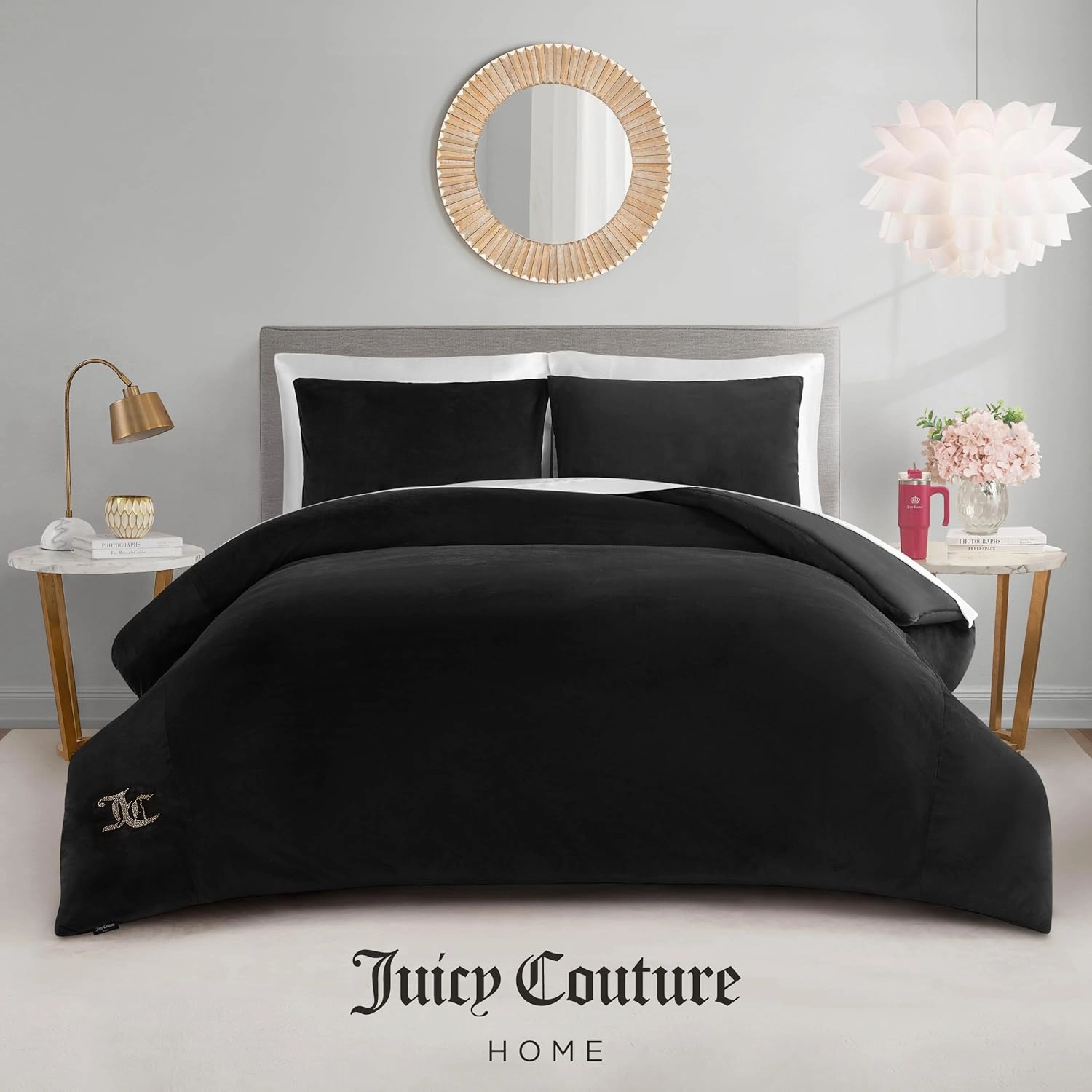 Juicy Couture Black Velour King Comforter Set - 3 Piece Luxury Bedding Ensemble