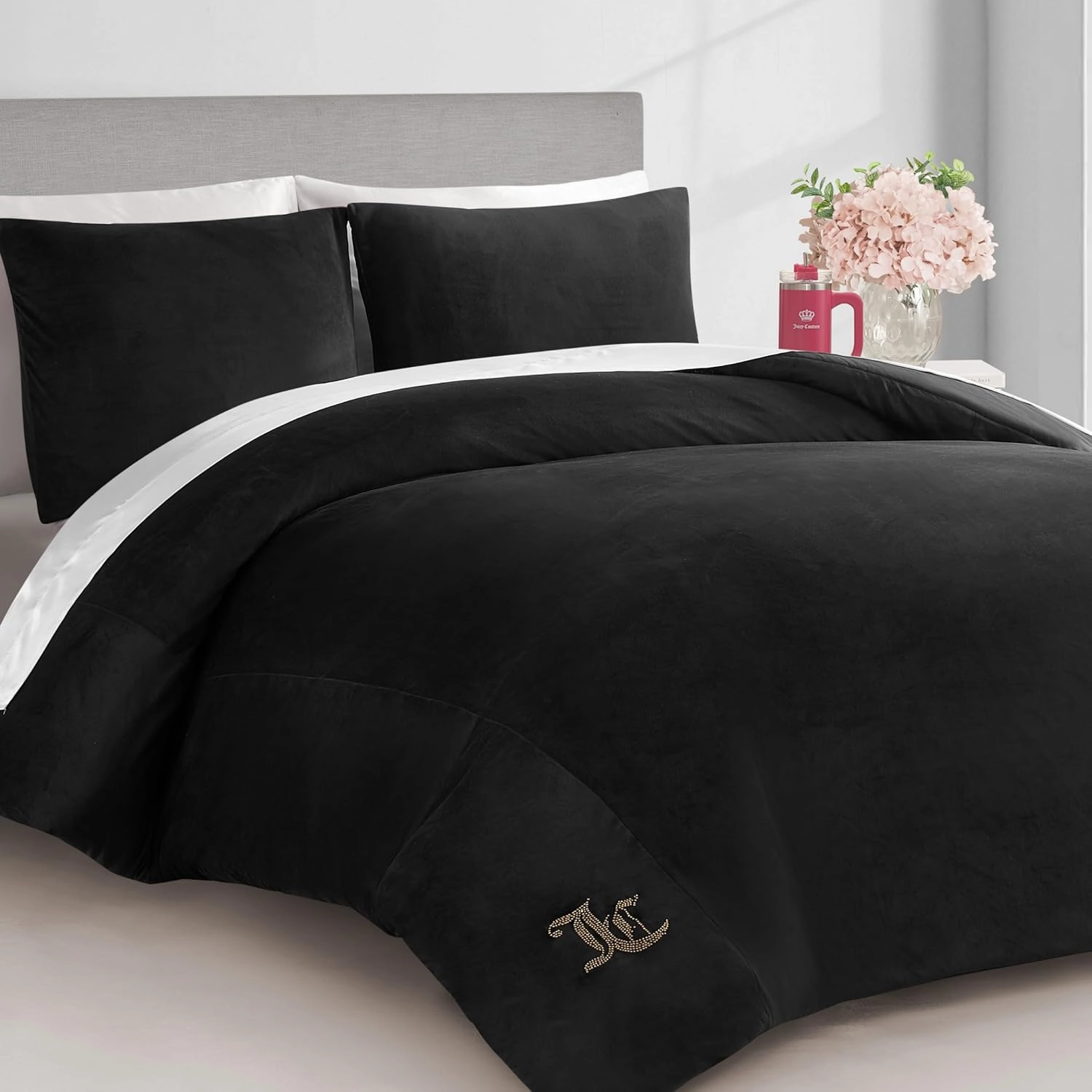 Juicy Couture Black Velour King Comforter Set - 3 Piece Luxury Bedding Ensemble