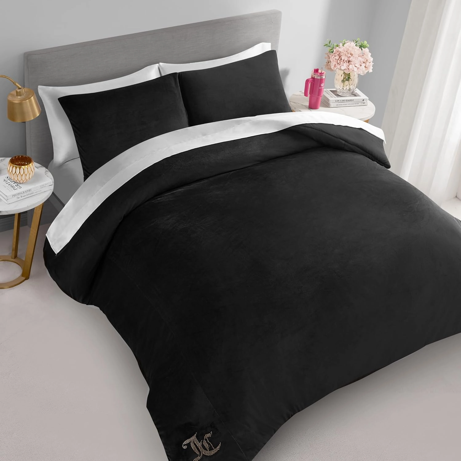 Juicy Couture Black Velour King Comforter Set - 3 Piece Luxury Bedding Ensemble