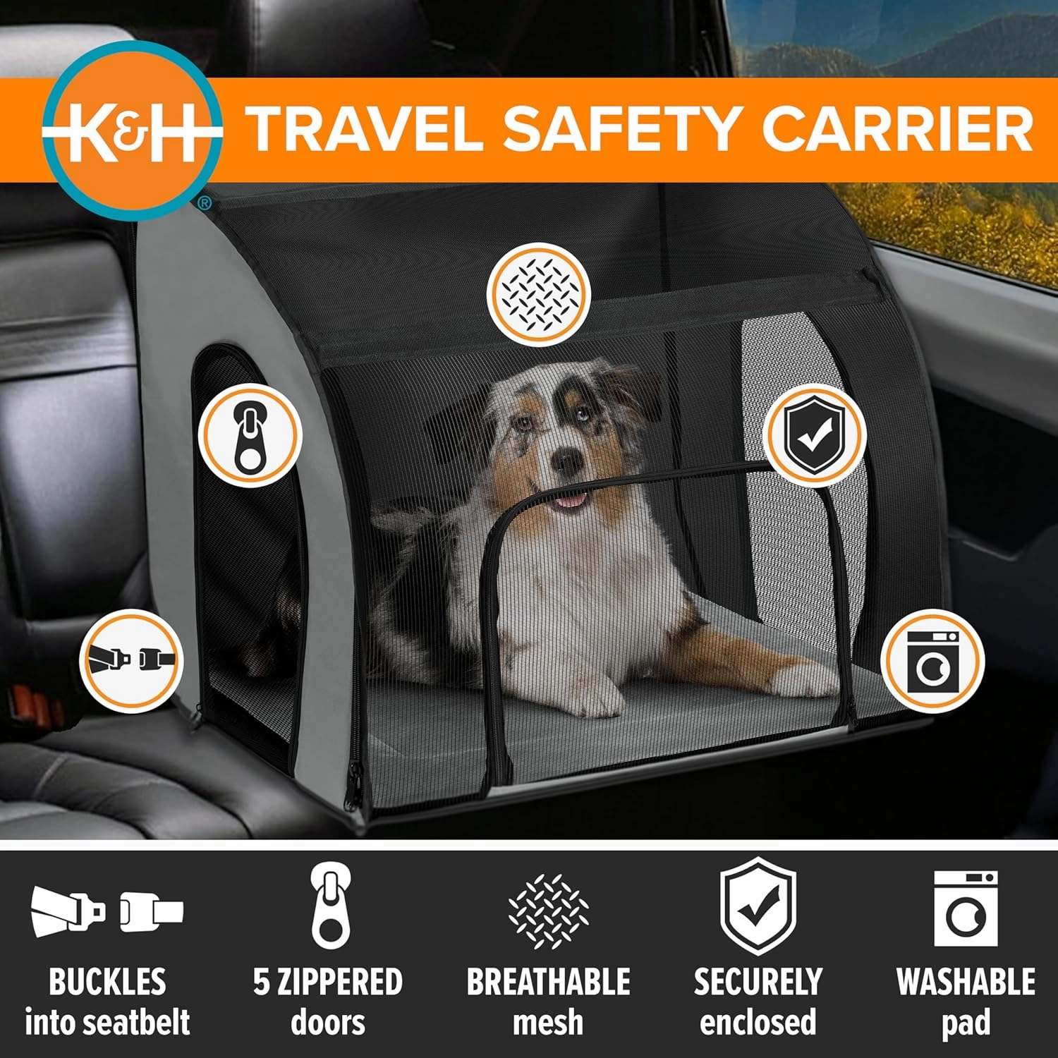 K&H Pet Products Enclosed Large Dog Car Seat, Travel Safety Carrier, Dog Travel Car Seat, Soft-Sided Covered Pet Carrier, Washable Pad, Multiple Entrances, Mesh Windows - Large 29.5 X 22 X 25.5i
