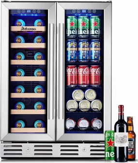 Kalamera Wine and Beverage Refrigerator, 24 inch Wine Fridge Dual Zone Hold 21 Bottles and 77 Cans,Built in or Under Counter Wine Fridge with Blue LED Light