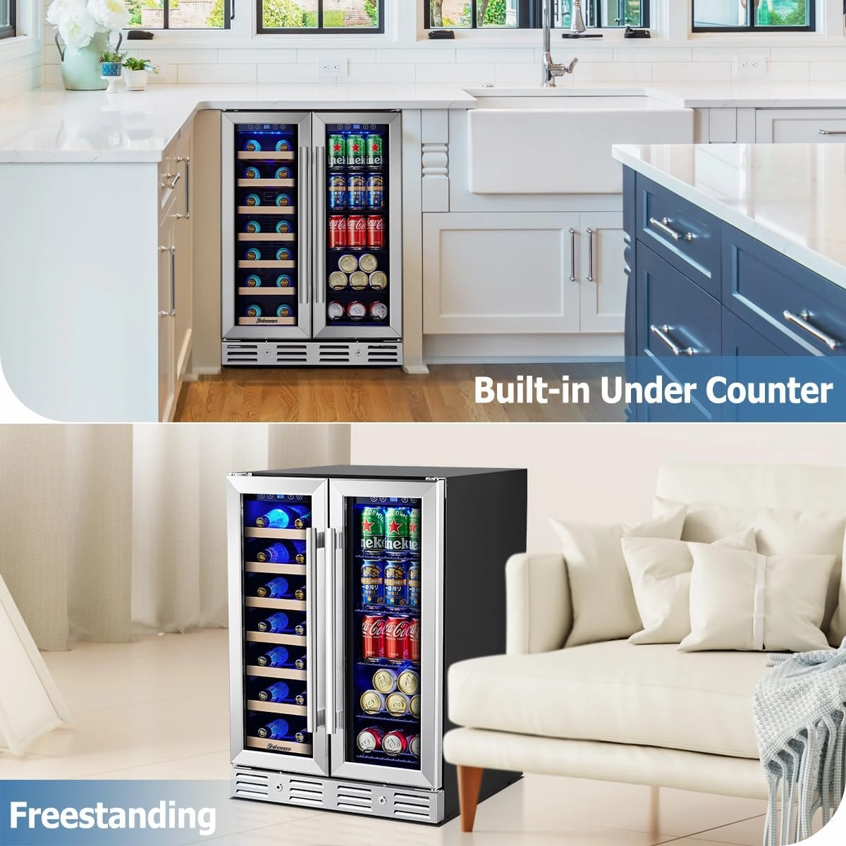 Kalamera Wine and Beverage Refrigerator, 24 inch Wine Fridge Dual Zone Hold 21 Bottles and 77 Cans,Built in or Under Counter Wine Fridge with Blue LED Light