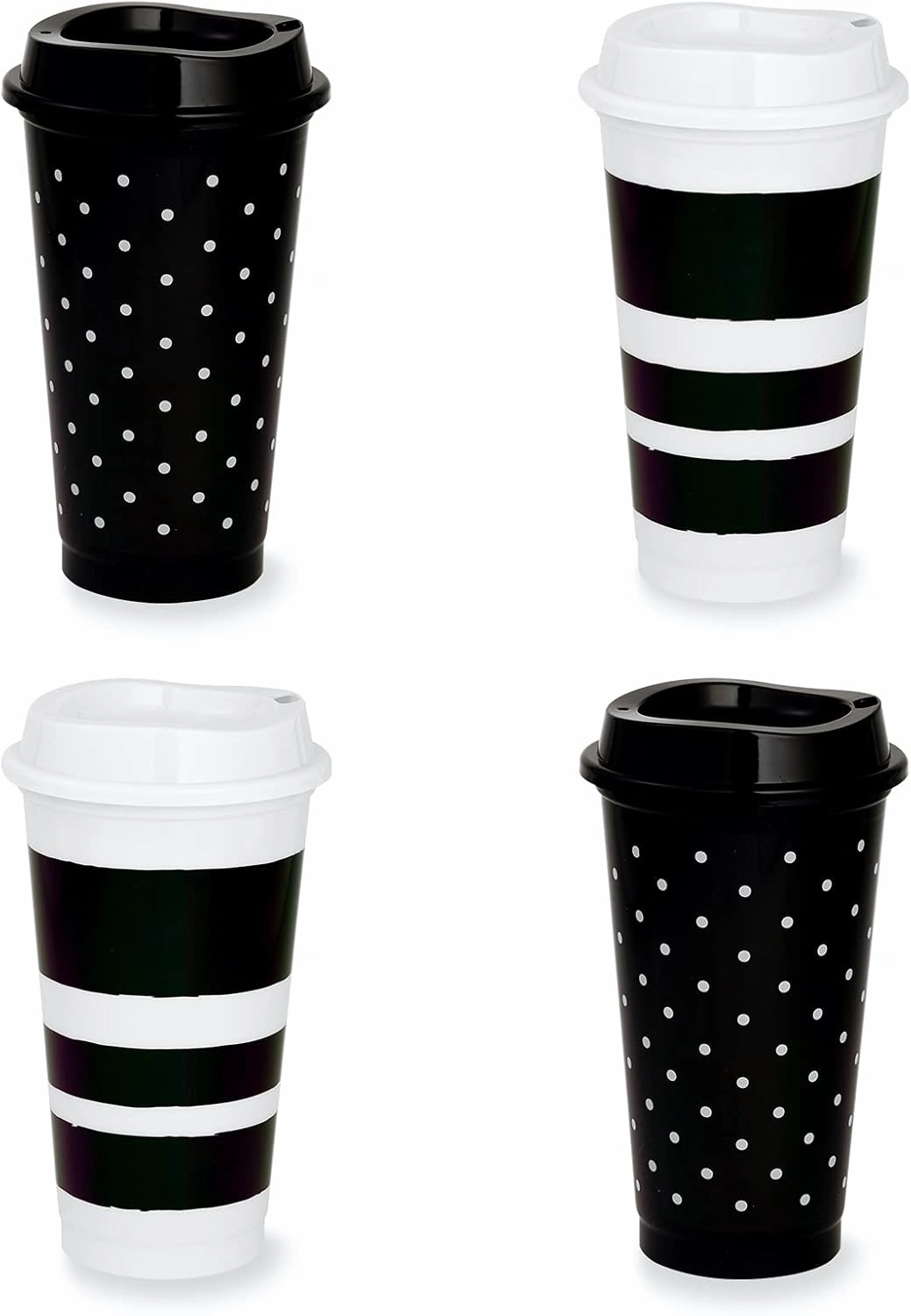 Kate Spade New York Black/White Reusable Travel Tumbler Set of 4, 16 Ounce BPA-Free Plastic Cups with Lids, Coffee Mugs for Hot or Cold Drinks, Dots and Stripes