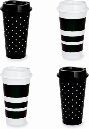 Kate Spade New York Black/White Reusable Travel Tumbler Set of 4, 16 Ounce BPA-Free Plastic Cups with Lids, Coffee Mugs for Hot or Cold Drinks, Dots and Stripes