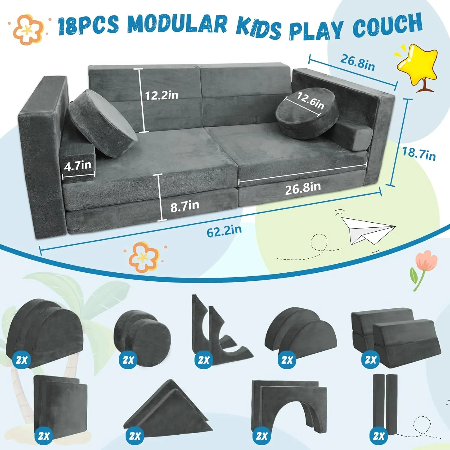 Kayfia 18PCS Modular Kids Play Couch, Kids Couch Building Fort for Playroom and Bedroom Furniture for Toddlers, Unlimited Creativity Sofa Convertible Play Fort (Grey)